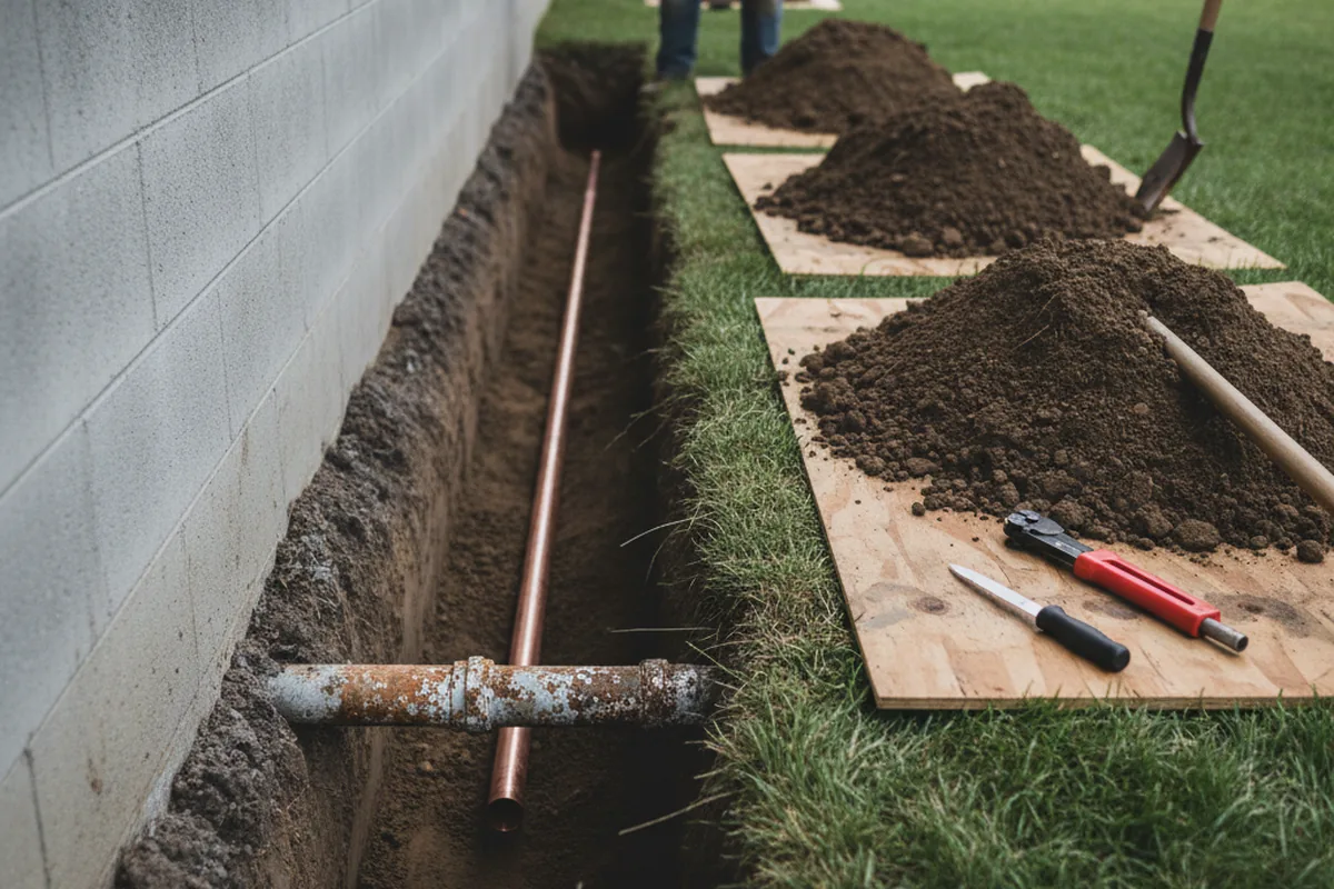 Excavated water line trench during Water Heater Repair in Stone Mountain